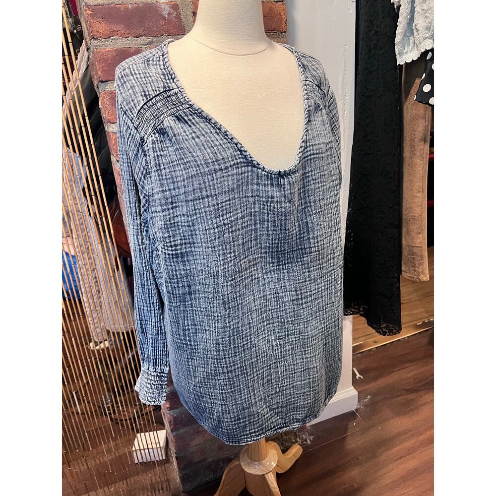 Women's Boho Hippie Plus Size Crinkle Gauze Blouse V-Neck Gray Blue Tunic 1X - Picture 3 of 9